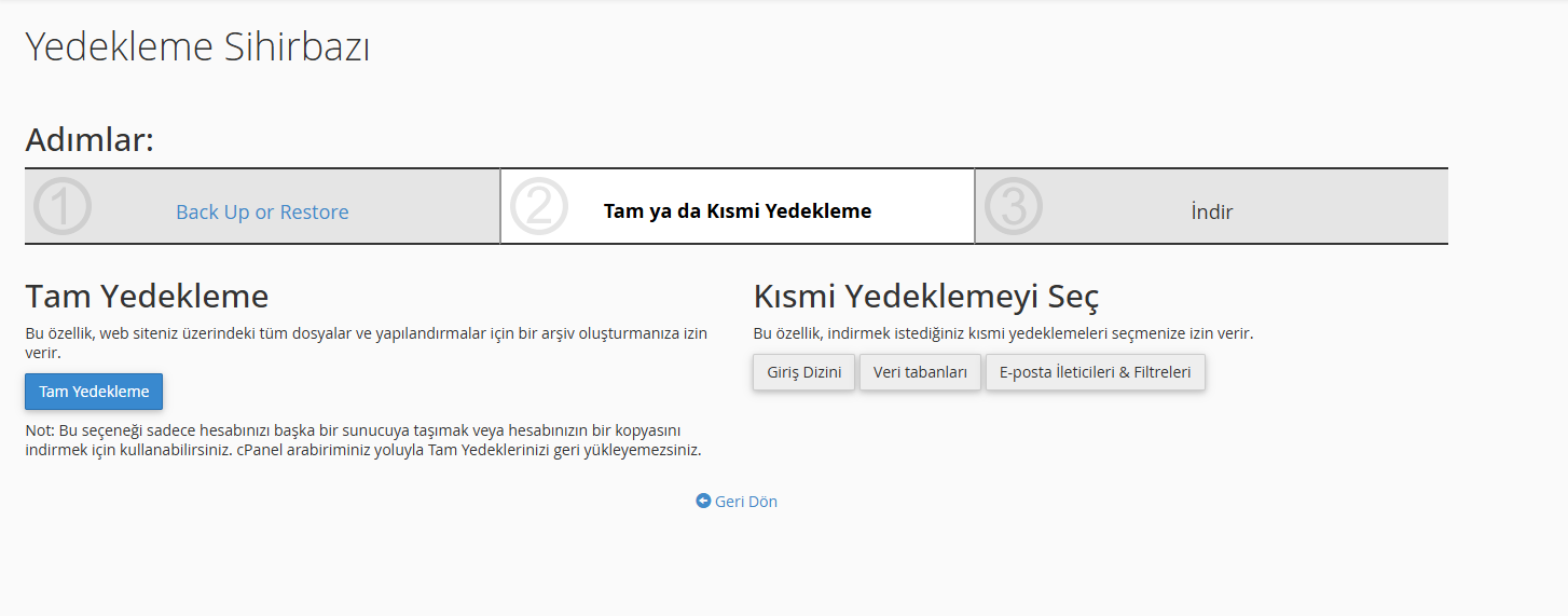 Wordpress Yedek Alma İşlemi İçin Cpanel Yedekleme Sihirbazı Kısmi Yedekleme